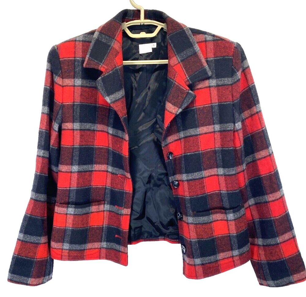 Harris Wallace Jacket Womens Small Black/Red Plaid Lined Wool Blazer RN70093